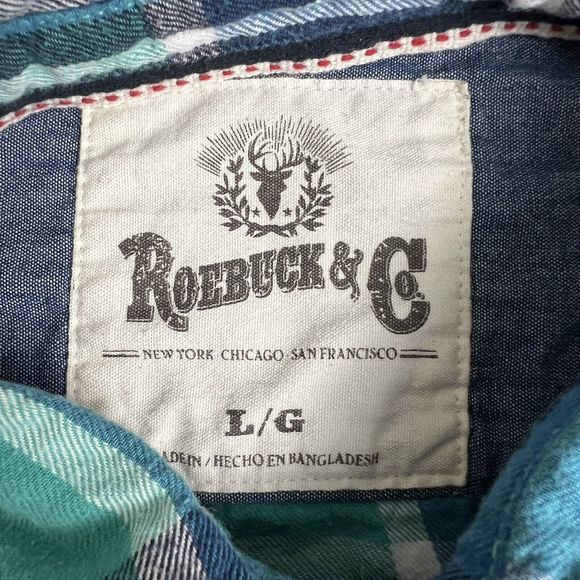Roebuck & Co Mens Blue Plaid Long Sleeve Button Up Flannel Shirt Large - Picture 4 of 5